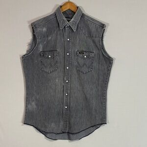 VTG Wrangler Gray Denim Cutoff Western Pearl Snap Vest 16.5x34 Made In USA
